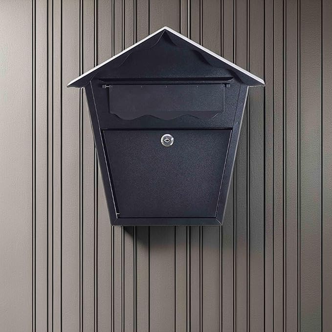 Wall Mount Locking Mailbox - Black Horizontal Triangular Security Mailbox - Waterproof Vertical Drop Mail Box Outdoor with Key