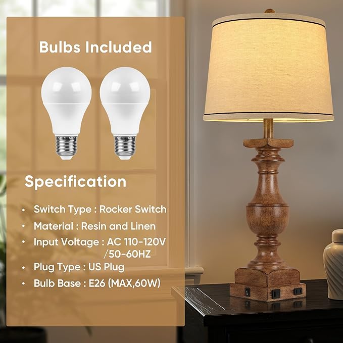 WIHTU Wood Grain Color Table Lamps, 28'' Resin Desk Lamp for Bedroom, Nightstand Lamps Set of 2, Farmhouse Bedside Lamps with Linen Shades, Rocker Switch, Table Lamps with USB A+C Port, Bulb Included