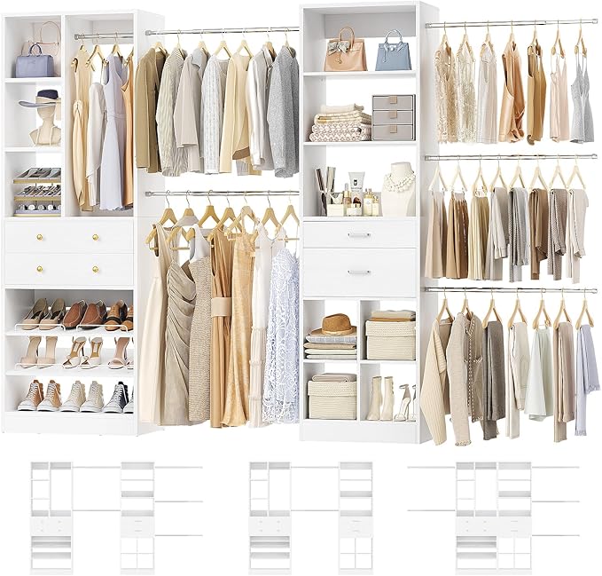 Closet System, Up to 128.6"/10.7 FT Closet Organizer with 4 Wooden Drawers and Shelves, Walk-in Closet System with 6 Hanging Rods, Built-in Closet Can Fit 96"/8FT, 120"/10FT, White