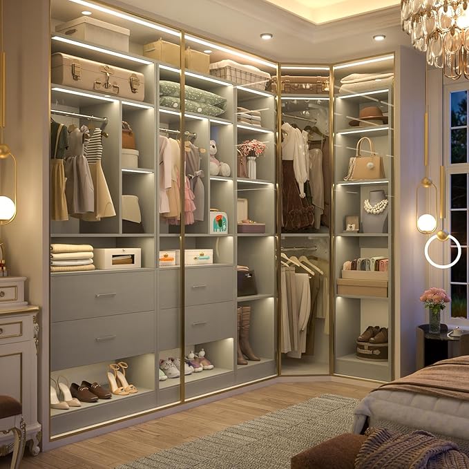 Large Corner Closet System with 3 Sets, 87.2" Closet Organizer System with 4 Drawers & 4 Hanging Rods, Reversible L Shaped Walk-in Closets, Load 2000+LBS, Grey (87.2" L x 39.2" W x 80" H)