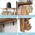 8FT Closet System, 96'' Closet Organizer System with 3 Hanging Rods, Wall Mount Bedroom Wardrobe with 3 Drawers Walk-in Closet, Adjustable Cloth Garment Rack from 5 to 8FT (Cut to Fit), Rustic Brown