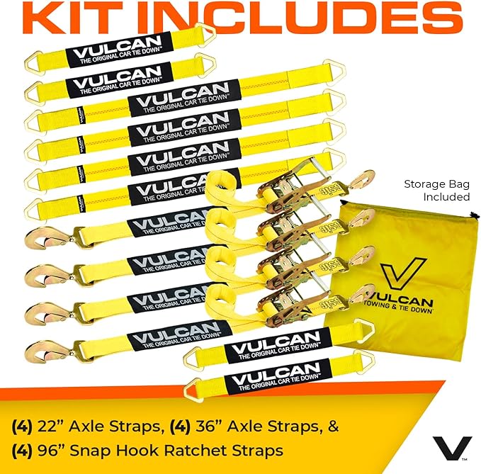 VULCAN Complete Axle Strap Tie Down Kit with Snap Hook Ratchet Straps - Classic Yellow - Includes (4) 22 Inch Axle Straps, (4) 36 Inch Axle Straps, and (4) 8' Snap Hook Ratchet Straps