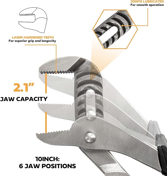 Olympia Tools 10-Inch Tongue and Groove Pliers, Straight Jaw Pliers with Cushion grip, 6 Jaw positions, 2.1" Jaw Capacity