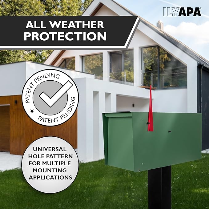 Ilyapa Modern Mailbox for Outside Post Mount - Green Powder Coated Metal Mailbox, Waterproof Letter Box for Parcels, with Recessed Magnetic Close Door