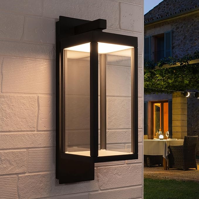 Dusk to Dawn Sensor Outdoor Wall Sconce, LED Integrated Exterior Wall Lantern Fixture, Wall Mount Lights Anti-Rust Waterproof Matte Black Wall Lamp with Clear Glass Shade for Garage, Doorway
