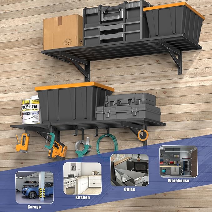 2-Pack 1.5x4ft Garage Shelving Wall Mounted, 1.5' x 4' Heavy Duty Garage Storage Shelves with Hooks, 400LB Capacity