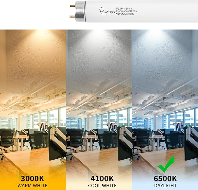 F32T8/865 Fluorescent Light Bulb, 48 Inch, 32 Watts, 6500K Daylight, 2800 Lumens, G13 Bi-Pin Base, 4FT T8 Fluorescent Tube Light Bulbs - 5 Pack