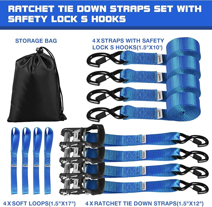 Ratchat Straps Heavy Duty with S Hooks Safety Latches 4 Pack 4400lb1.5 by 10' Tie Down Cargo Straps Ratcheting for Motorcycles,ATVs,Jet Skis,Golf Carts,Lumber,Sport Equipment,Boat,UTV,Roof Rack Blue