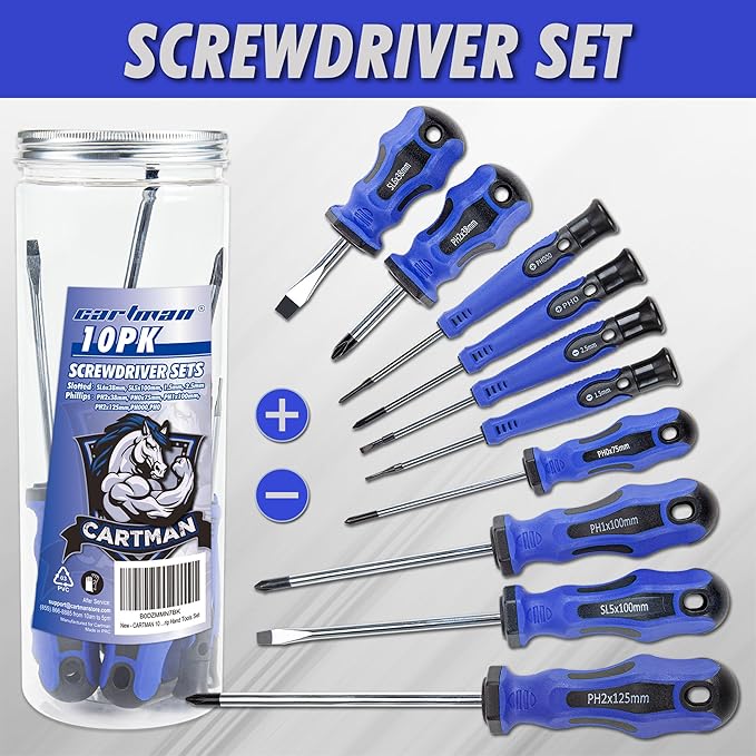 CARTMAN 10-Piece Magnetic Screwdriver Set 6 Phillips and 4 Flat, Professional Cushion Grip Hand Tools Set