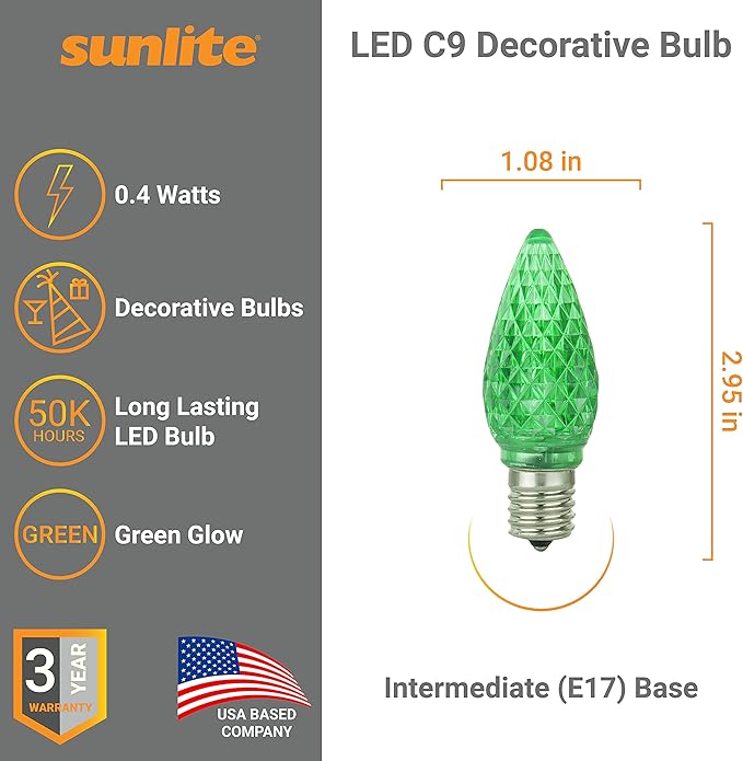 Sunlite 40464 LED C9, Holiday Decorative Light Bulb, 0.4 Watts, E17 Intermediate Base, Faceted Christmas-Lights; Nightlight, Green, 24 Count