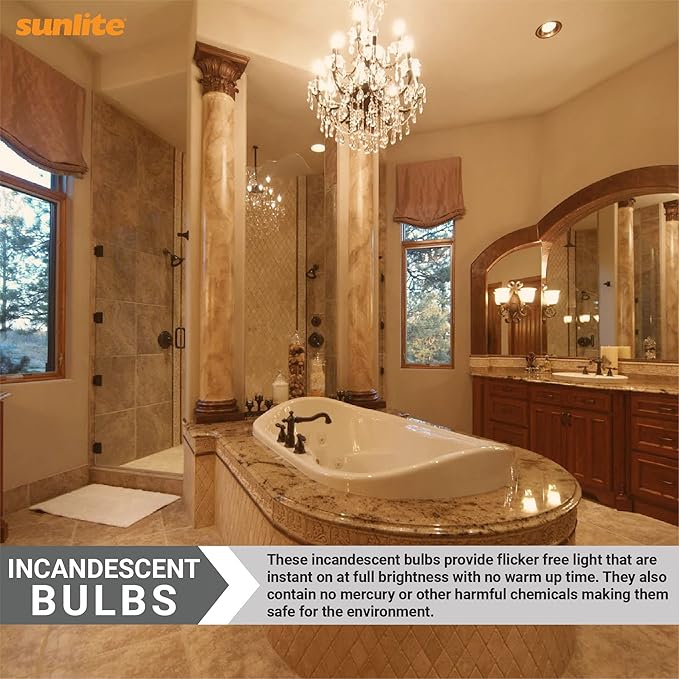 Sunlite 40001 Incandescent Petite Flame Tip Chandelier Light Bulb, 7 Watts, Candelabra Base (E12), Dimmable, for Chandeliers, Sconces, Fixtures, 12 Count