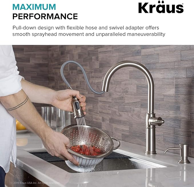 KRAUS Sellette Traditional Spot Free Stainless Steel Single Handle Pull-Down Kitchen Faucet with Deck Plate, KPF-1682SFS