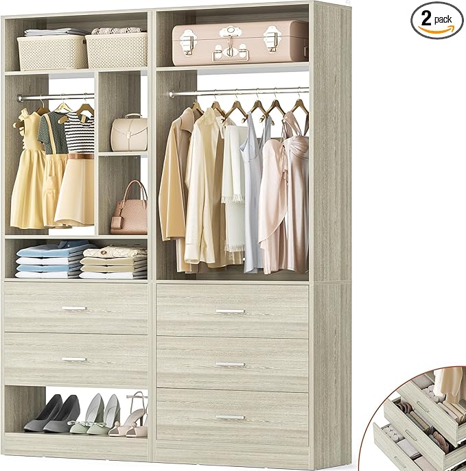 4FT Closet Systems with 5 Wood Drawers, 48 Inch Closet Organizer System with 2 Hanging Rods & 7 Shelves, 48" Walk-in Closet, White Oak (48"L x 15" W x 80" H)