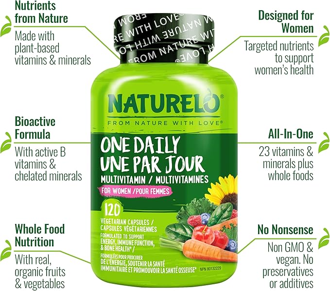 NATURELO One Daily Multivitamin for Women - Energy Support - Whole Food Supplement to Nourish Hair, Skin, Nails - Non-GMO - No Soy - Gluten Free - 120 Capsules - 4 Month Supply