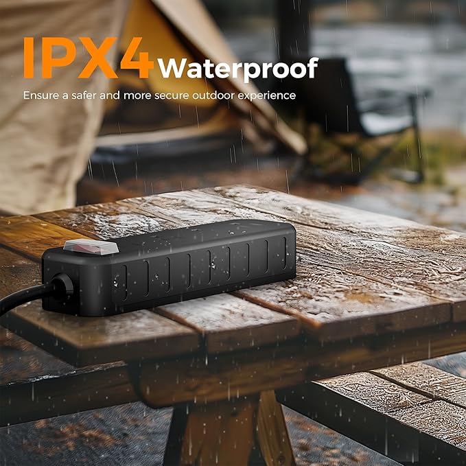 Outdoor Power Strip Weatherproof, 25 FT Extension Cord, Diivoo Waterproof Surge Protector with 4 Outlets 1250W Shockproof Overload Protection, Flat Plug, Black