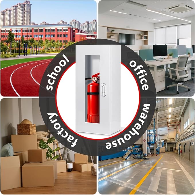 Fire Extinguisher Cabinet Wall and Surface Mount for 5-12 pounds Extinguisher, 23.6" H x 10.2" W x 6.7"D White Steel Fire Extinguisher Mount with Lock for Indoor Outdoor, with Full Clear Acrylic Door