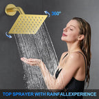 Shower Faucet Set, 10" Wall Mount Rainfall Shower System with 2 Rain Shower Head and Multi-function Handheld Head Push Button Diverter Shower Faucet Trim Kit Brushed Gold