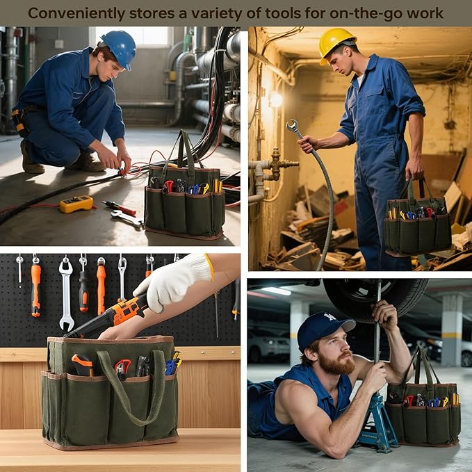 13in Tool Bag, Heavy Duty 19oz Waxed Canvas Bag 11-Pocket Portable Tool Bag Organizer Storage Toolbox for Gardener Welders Electrician Working Men Mechanic