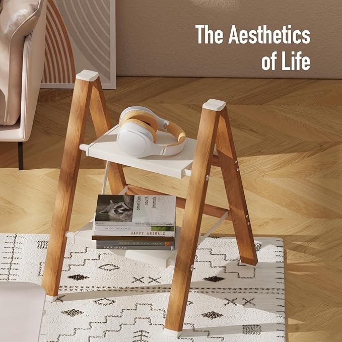 2 Step Lightweight Aluminum Folding Ladder, Portable Step Stool with Anti-Slip Pedals, 330 lbs Capacity for Home, Office, Kitchen（White&Woodgrain）