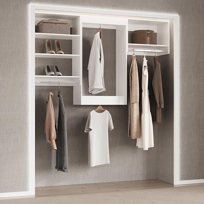Double Hanging Closet Unit, Modular Closet System, Wood Closet System Organizer with Storage for Walk in Closets, Clothing Rack Wardrobe Closet for Hanging Clothes, Bedroom, White, 28.5" W