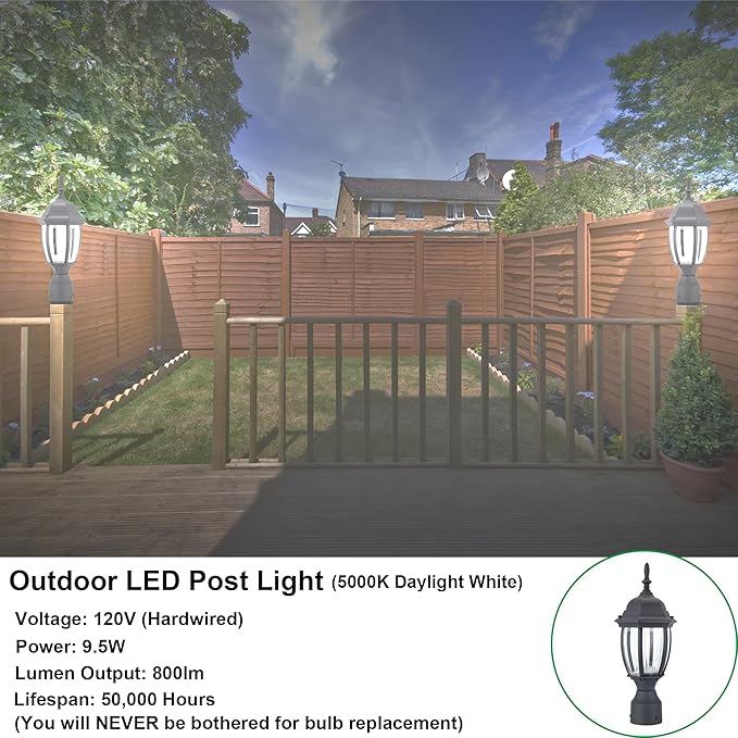 LIT-PaTH LED Outdoor Post Lighting Fixture, Pole Lantern, 9.5W 800 Lumens, 5000K Daylight White, Aluminum Housing Plus Glass, Matte Black Finish, 2-Pack