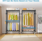 VIPEK R2 Mini Rolling Clothes Rack Heavy Duty Clothing Rack for Hanging Clothes Adjustable Portable Closet Metal Clothes Racks with Wheels Double Rods Side Hooks, Freestanding Garment Rack, Black