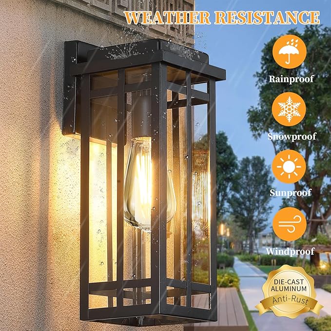 13.8'' Outdoor Wall Light Fixtures 1 Pack, Black Porch Lights Outdoor Lighting for House, Exterior Lighting Fixtures Wall Lanterns, Waterproof Modern Outside Sconce Lights for Patio Garage (No Sensor)