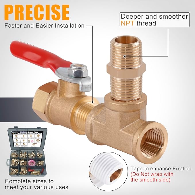 105PCS Brass Pipe Fittings Assortment Kit NPT Adapter,Reducer Bushing, Hex Nipple, Reducing Hex Coupling,90 Degree Street Elbow,Street Tee,Ball Valve,Hex Head Plugs,Socket Plug Fittings Kits