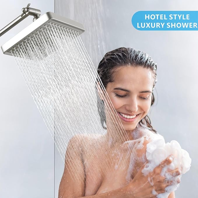 Voolan High Pressure Rain Shower Head - Luxury Modern Look - The Adjustable Replacement For Your Bathroom Showerhead - 6" Square High Flow Pressure Boosting Showers (Brushed Nickel)