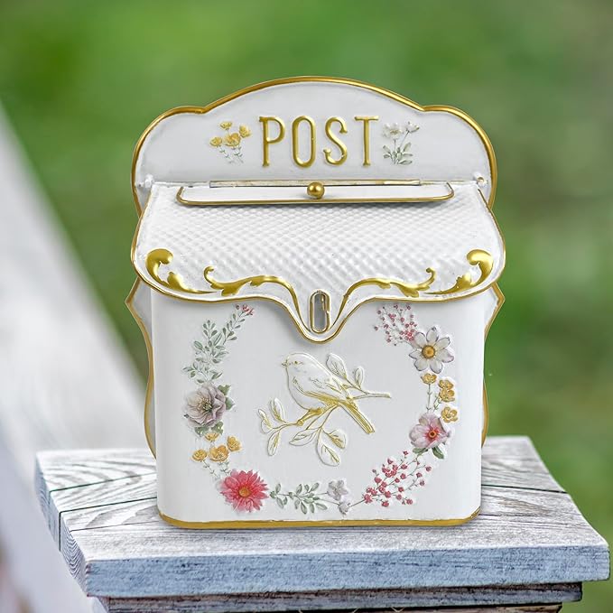 Mailbox Wall Mount Mailboxes for Outside Vintage Mail Boxes for House Outside Metal Drop Box Antique Style Nostalgic Charm Home Decorative, Bird Pattern, White