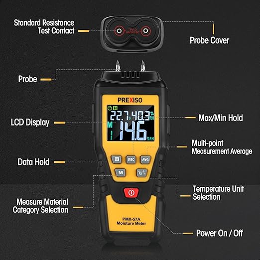PREXISO Wood Moisture Meter - 7 in 1Digital Moisture Meter for Firewood, Woodworking, Walls, Home, Drywall, Paper, Floor - Moisture Reader, Pin-Type Water Leak Detector, Dampness Meter