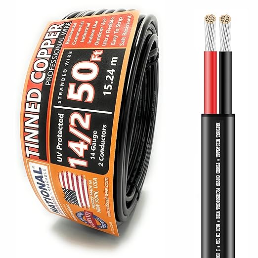 National Wire&Cable - 14/2 Tinned Copper Professional Wire (50 Feet) 14 AWG Gauge Stranded PVC Cord - 2 Conductor Electrical Wire - Made in USA - CL Rated/ETL Listed - Automotive, Low Voltage Cable