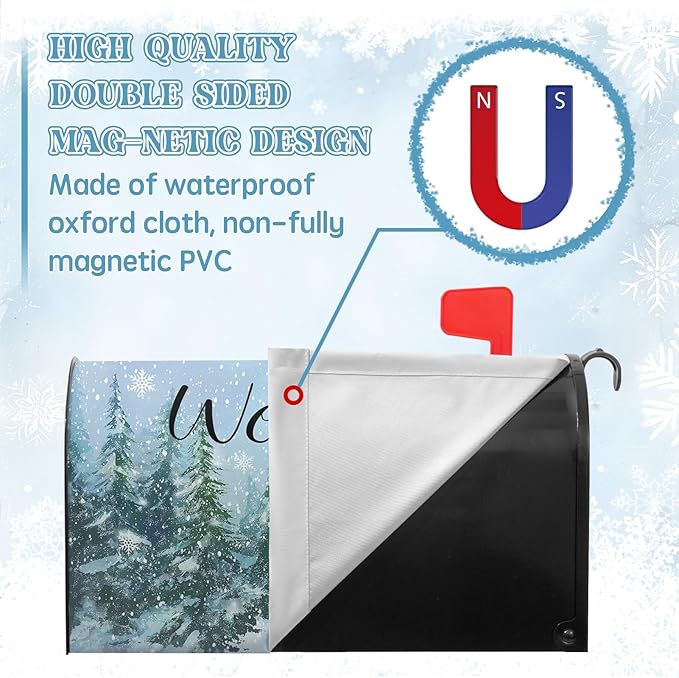 Winter Welcome Mailbox Covers Magnetic Oversized Forest Pine Tree Mailbox Cover Large Size 25.5x21 Inch Snowflakes Outdoor Letterbox Wraps for Garden Yard Winter Decor