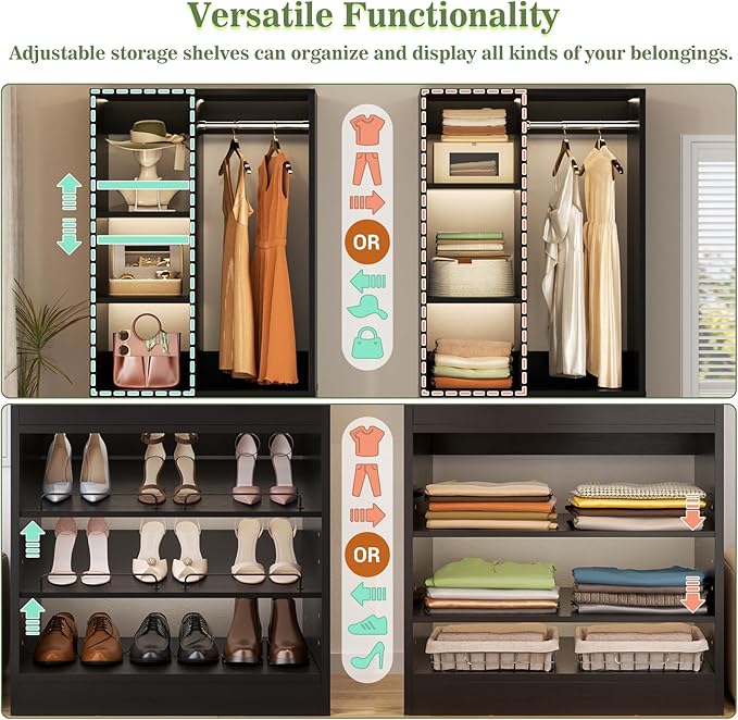 Closet System, 4.2–8.8 FT Closet Organizer with 2 Wooden Drawers and Shelves, Walk-in Closet System with 5 Hang Rods, Built-in Reach in Closet Tower, Can Fit 60 to 96 inch, Black