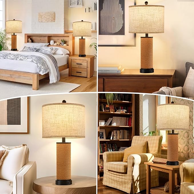 Set of 2 Rattan Table Lamps for Living Room with USB C+A Ports, 3 Color Temperature Nightstand Bedside Lamp Rocker Switch Coastal Lamps for Bedroom, Wicker Lamps for Living room (2 Bulbs Included)