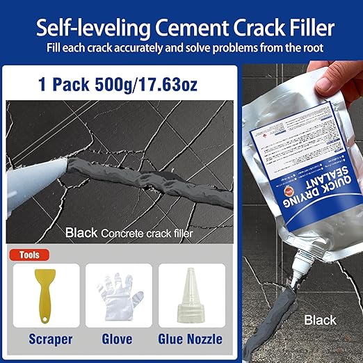 Concrete Crack Filler and Sealant, Quick Drying High Elasticity Cement Crack Filler, Waterproof Repair, Self-Leveling Concrete Slab Repair for Driveway, Patio (Black, 17.64 OZ)