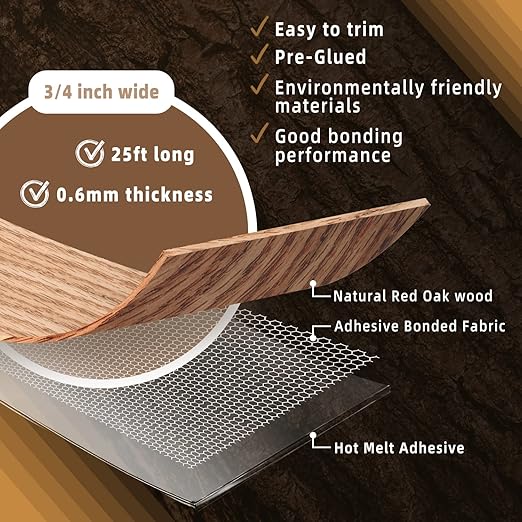 GSCIT Club Red Oak Edge Banding, 3/4 inch x 25ft roll of Veneer Edge Banding -Pre-glued Flexible, Real Wood Tape Banding for Cabinet Repair Furniture Restoration