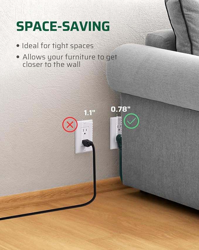 DEWENWILS 3 Outlet Extension Cord with Flat Plug, 3FT 16/3 Awg Grounded Power Cable for Indoor Use, SPT-3 Cord, Green, ETL Listed, 2 Pack