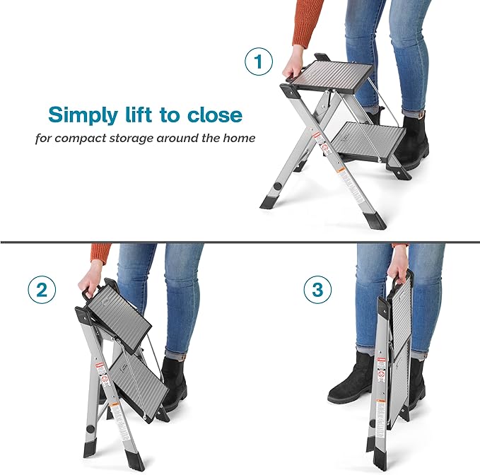 Polder Easy-Close Aluminium 2-Step Stool, Ladder with Non-Skid Feet, Folding Step, Top Step Height - 1.4 feet