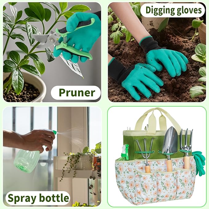 Garden Tool Set with Bag and Gloves, Stainless Steel Gardening Tool Set, Ideal Gardening Gifts for Women and Men, Set of 9
