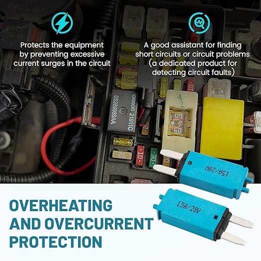 NuIth Manual Reset 15A Mini Fuse Circuit Breakers, E73 Low Profile ATM Circuit Breaker Blade Fuse DC 28V Resettable Standard Blade Fuses for Car Truck RV Marine (2PCS-15A)