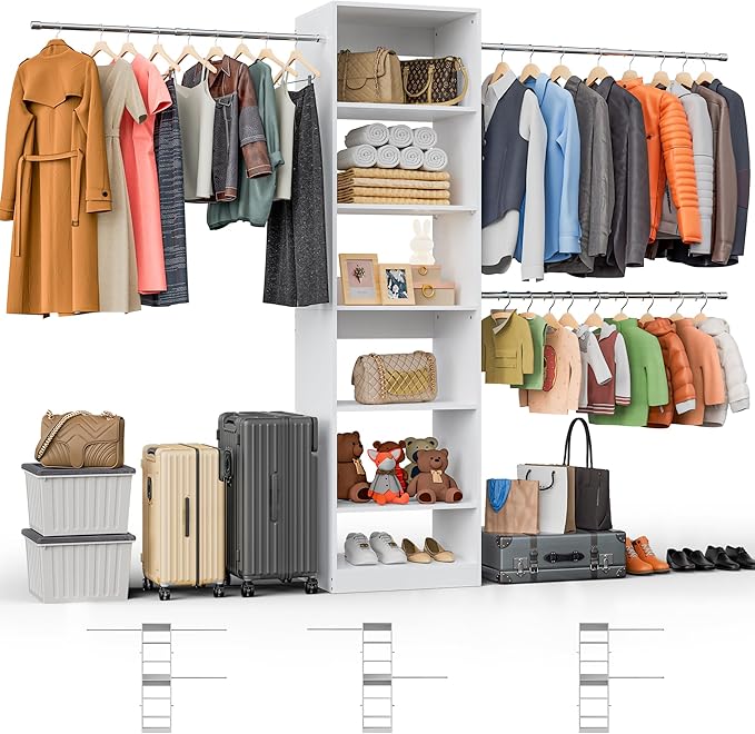 Walk in Closet Organizer System - Built-in Garment Rack with 6 Shelves and 3 Extendable Hanging Rods, Wall Mounted Clothes Organizers Storage Systems for Bedroom