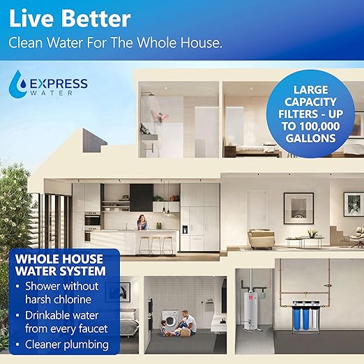 Express Water Whole House Water Filter System | IRON & MANGANESE | 3 Stage Full Home Filtration, Top-Tier Filters Removes Stains/Color on Glass-Ware, Fixtures, Laundry, Signf. Reduces Lead & Arsenic