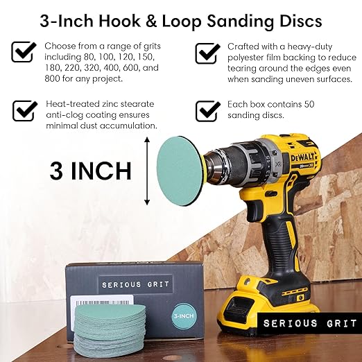 Serious Grit - 3-Inch 400 Grit Sanding Discs - Heavy-Duty Hook & Loop Film Discs - Sandpaper for Woodturning, Bowl Sanding & Power Tool Drill Attachment Sanding Pads - Pack of 50