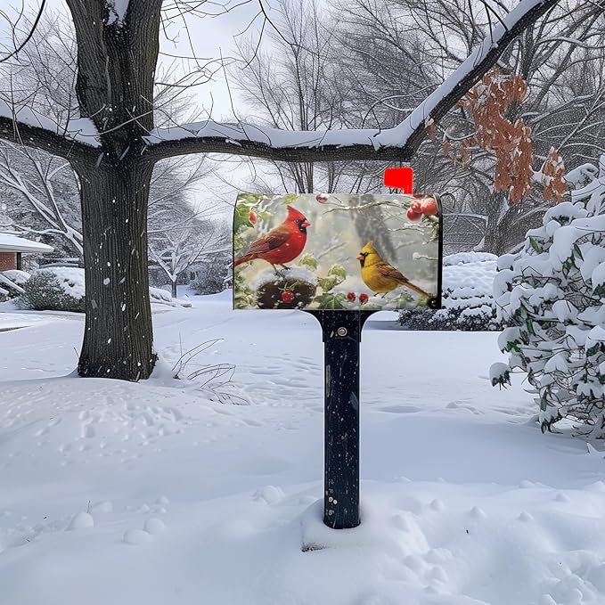 Winter Cardinal Bird Oversized Magnetic Mailbox Covers Christmas Branches Snow Mailbox Wraps Large Size 25.5 X 21 Post Letter Box Covers Home Garden Outdoor Decorations
