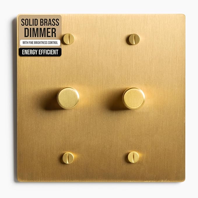 2-Gang Satin Solid Brass Rotary Dimmer Switch, 15A 120V AC Wall Mount, TRIAC/Leading Edge 1-Way Compatible, Dimmable LED Light Control with Knob, Faceplate & Dimming Module