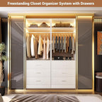 Closet System Set of 2, 4FT Closet Systems with 6 Wood Drawers, 48" Closet Organizer System with 2 Hanging Rods & 2 Shelves, Heavy Duty 48 Inch Walk-in Closet , White (48"L x 15" W x 80" H)