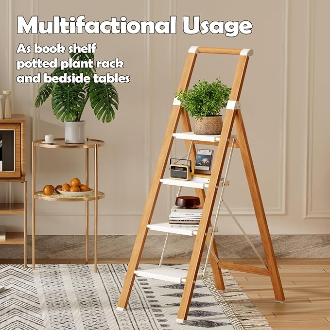 Taranta 4 Step Ladder, Portable Folding Ladder with Wide Pedal, Lightweight Aluminum Step Stool with Convenient Handgrip, 330 lbs Capacity Stepladder for Home, Office - White Woodgrain