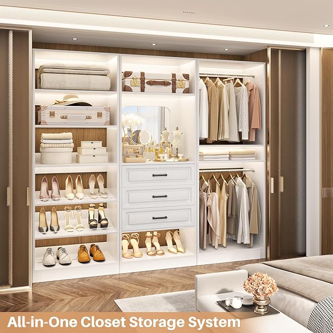 Unikito Modular Closet System with 3 Sets, 75”Closet Organizer System With Drawers, Mirror, Hanging Rods and Adjustable Shelves, Freestanding Wood Wardrobe Garment Rack, Walk in Closet Tower, White