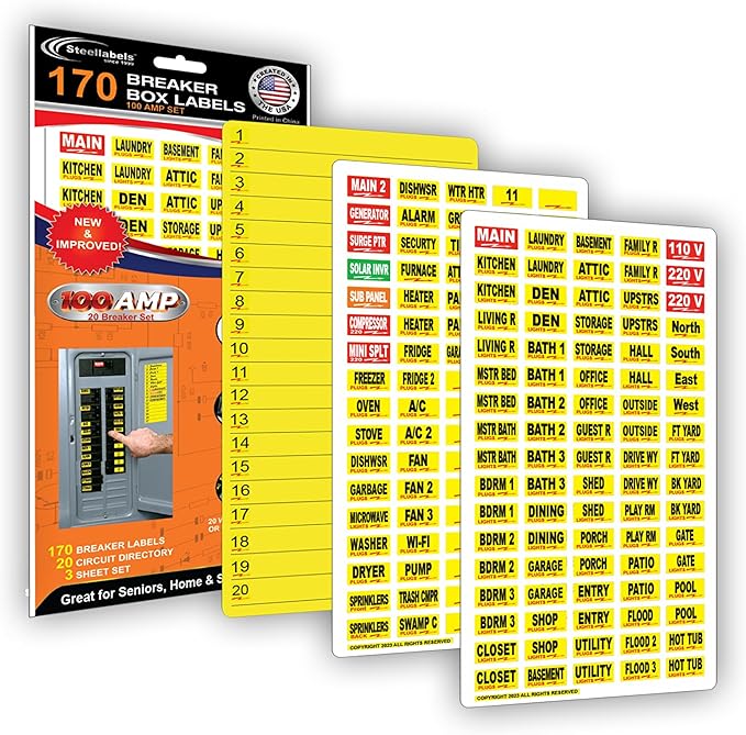 170 Circuit Breaker Decals - 100 AMP Set - Vinyl Labels for Breaker Panel Boxes - for Home or Office, Apartments and Electricians - Place on Directory, Switch or Fuse - Bright “Easy Read” Color.